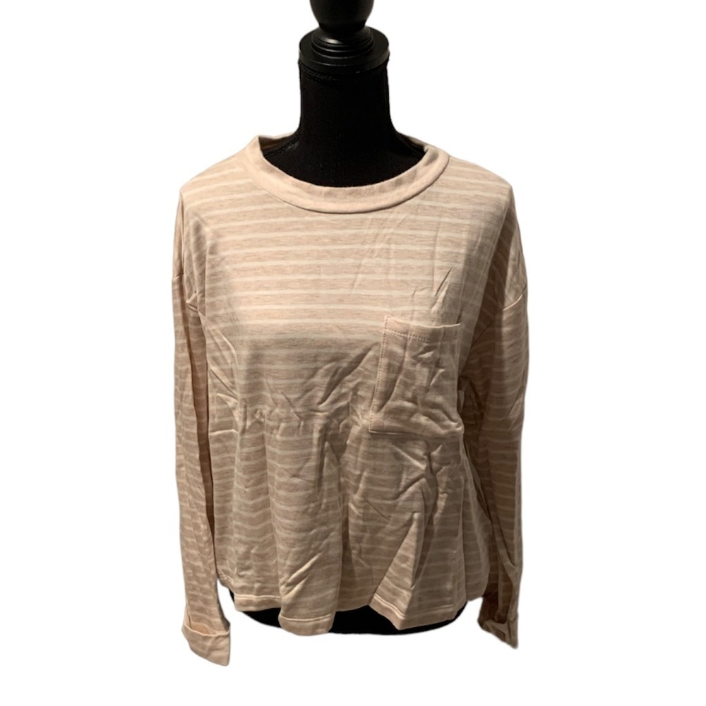 Lush Long Sleeve Stripe Pocket Tee Oatmeal & White Medium NEW